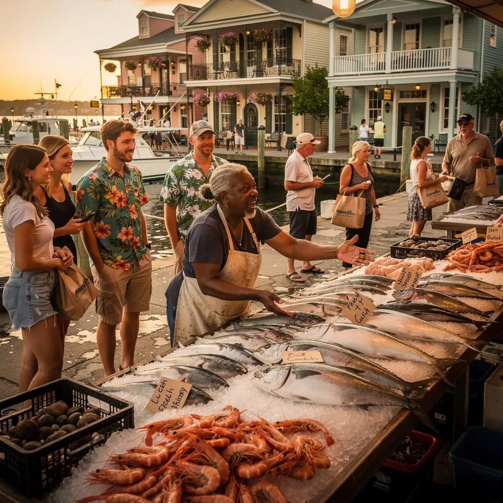 Grupa turystów cieszy się wspólnym posiłkiem w malowniczej scenerii targowej.